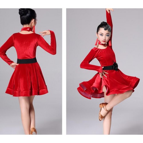 Girls ballroom latin dance dresses kids children pink blue black red stage performance competition rumba salsa chacha cosplay outfits costumes